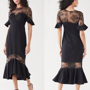 Marchesa Notte midi dress size 10 black crepe lace flutter sleeve high-lo sheath